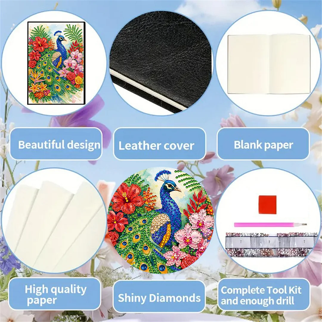 DIY Flower Diamond Painting Journals Notebooks 50 Pages A5 No Lines Special Shaped Diamond Art Kits for Beginners Craft Lovers and Artists (Peacock and Flowers)