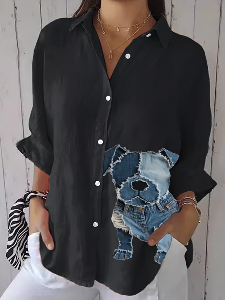Women's Retro Funny Denim Patch Animal Dog Print Casual Shirt wearshes