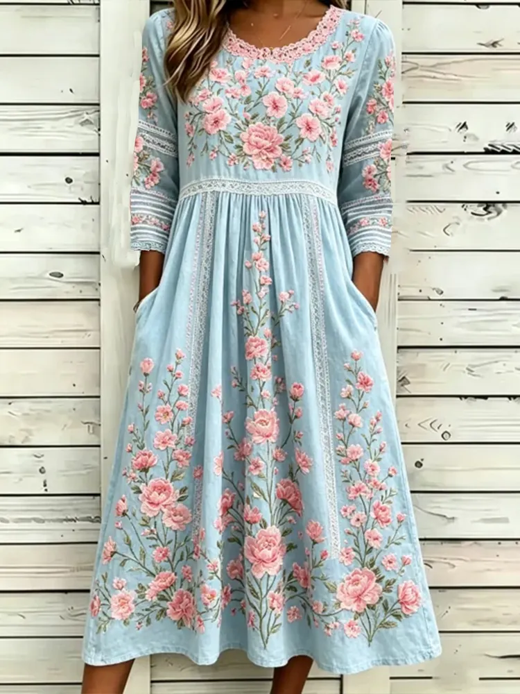 Women's Pink Floral And Lace Art Blue Cotton Linen Blend Comfortable Round Neck Long Sleeve Dress