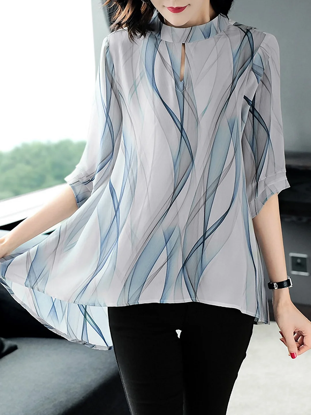 White Ombre/tie-Dye Stand Collar Casual Printed Top