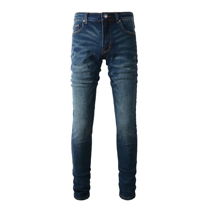 Men's Retro Biker Jeans Elastic Blue Boys Jeans Rapper Jeans