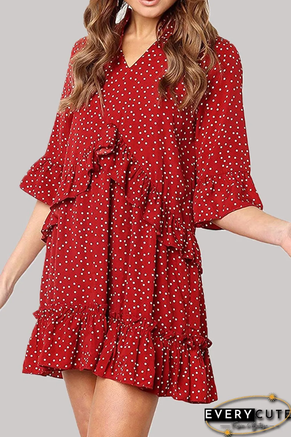 Fashion Casual Polka Dot Split Joint V Neck Princess Dresses