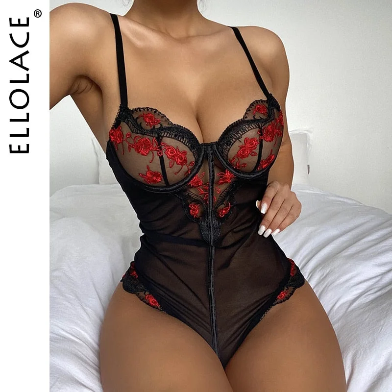 Ellolace Push Up Bodysuit Women Lace Overalls For Women Fitness Bodies For Women Floral Sexy Body Black Women's Lace Bodysuit