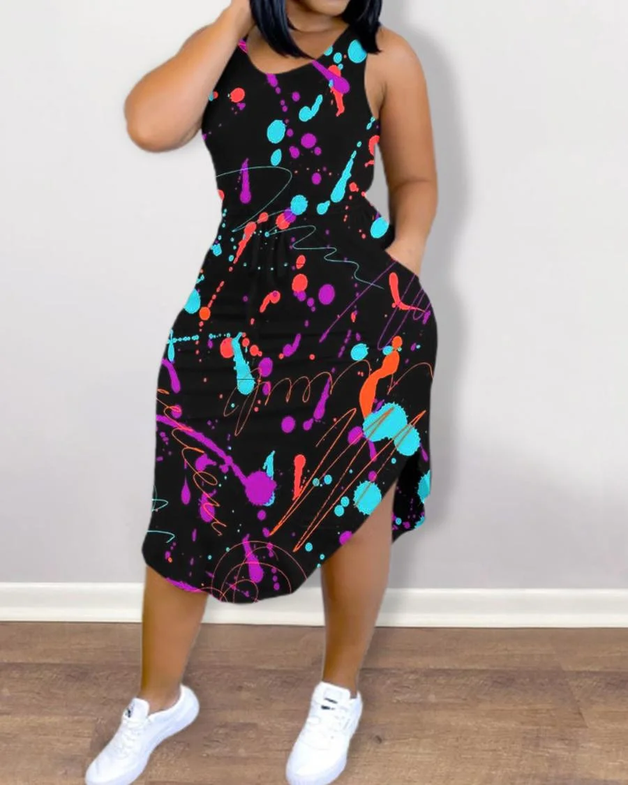 Ink Splash Print Strap Sleeveless Slim Midi Dress