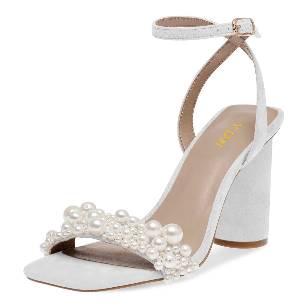 White Vegan Suede Open Toe Ankle Strap Wedding Heels with Pearls