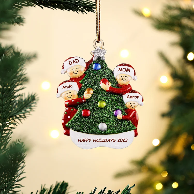 4 Names - Personalized Wooden Christmas Ornaments Custom Text & Name Xmas Pendant Gifts for Family