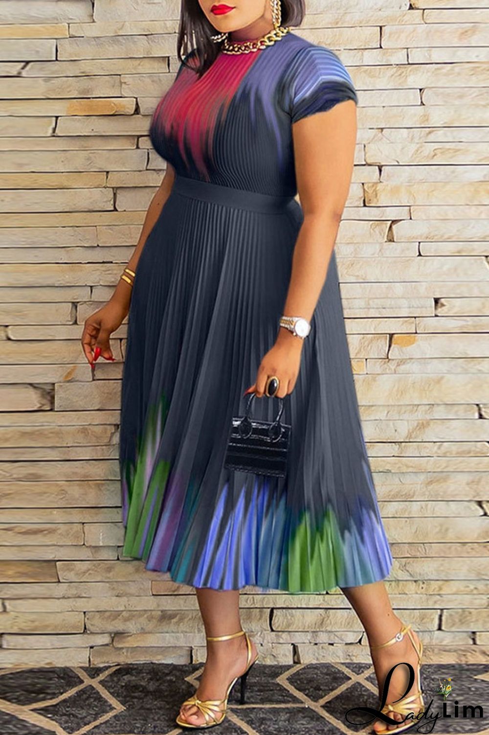 Apricot Casual Elegant Gradual Change Print Patchwork Fold O Neck Short Sleeve Two Pieces