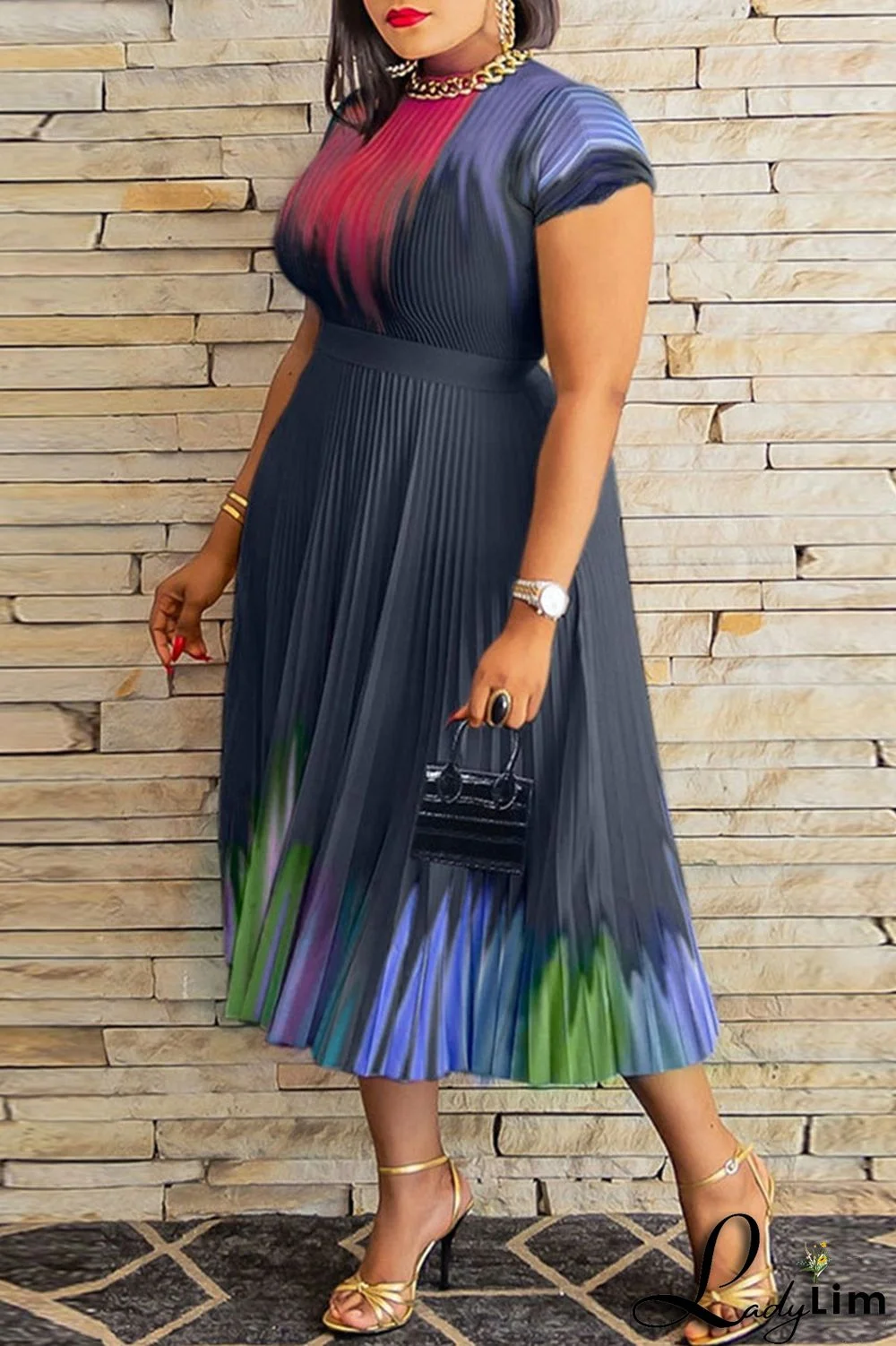 Apricot Casual Elegant Gradual Change Print Patchwork Fold O Neck Short Sleeve Two Pieces