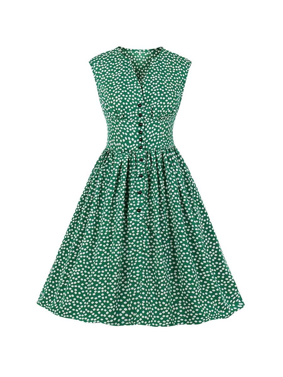 50s Style Retro Floral Dresses Ladies Fashion Sleeveless V-neck Dress