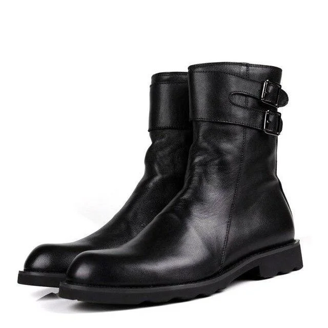 Buckle Design Mens Punk Motorcycle Boots Luxury Genuine Leather Flats Shoes Male High Top Casual Zip Boots