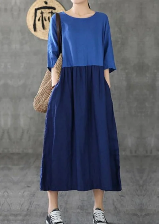 Women Patchwork Half Sleeve Linen Dresses Fashion Ideas Blue Dress Summer ( Limited Stock)
