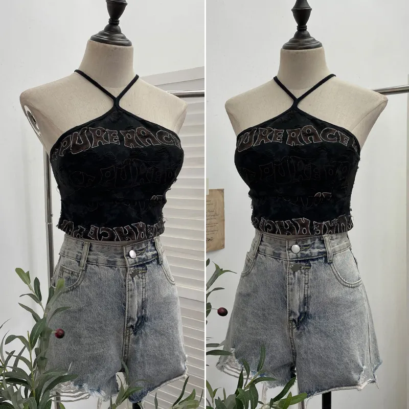 Uveng Real Shooting Spice Girls Letter Printing To Make Old Hole Hanging Neck Sling Vest Short With Chest Cushion Top 6672
