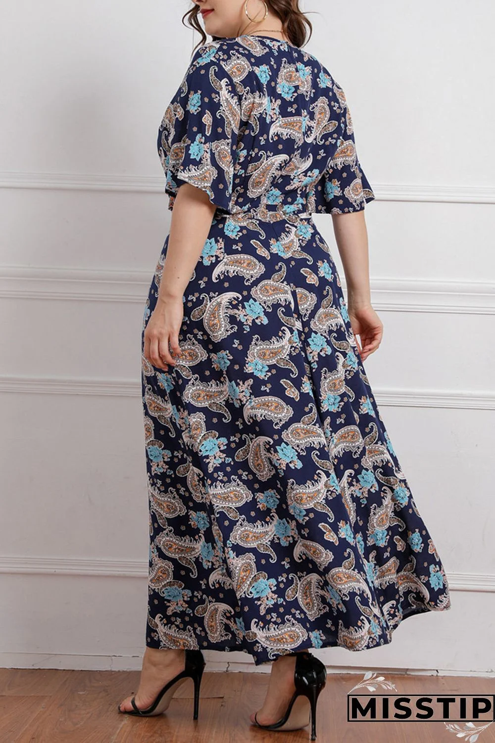 Deep Blue Fashion Casual Plus Size Print Patchwork V Neck Short Sleeve Dress