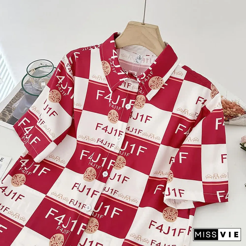 Cartoon Print Lapel Short Sleeve Loose Shirt
