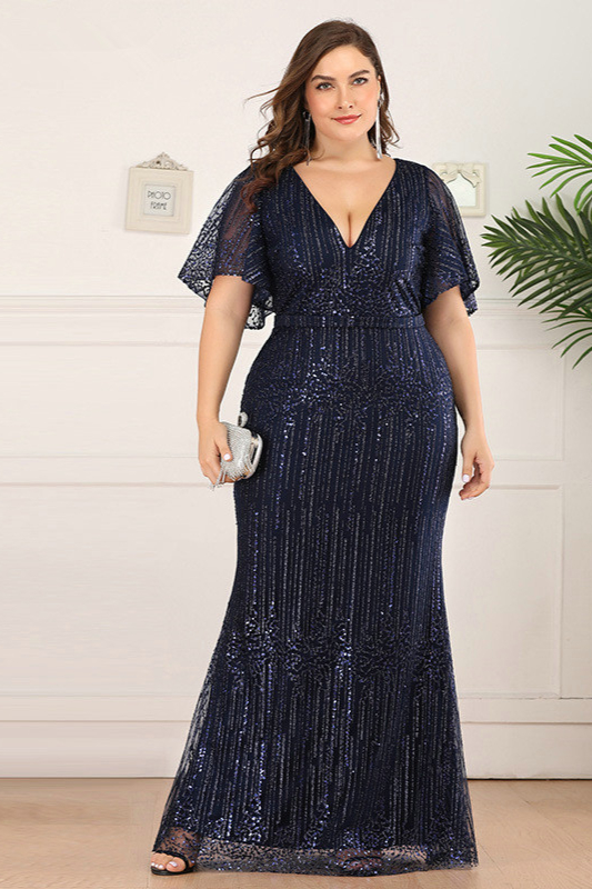 Gorgeous V-Neck Short Sleeve Sequins Plus Size Prom Dress Mermaid Long Evening Gowns - lulusllly