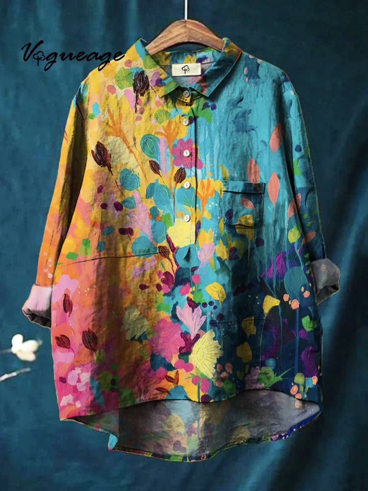 Bright Colored Plants And Flowers Printed Cotton And Linen Shirt