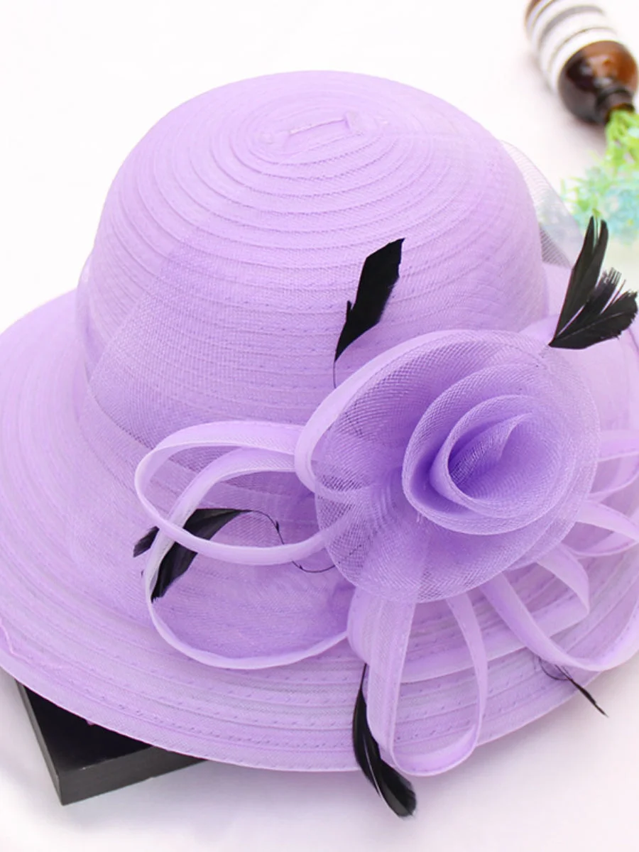 Top Hat Feather Mesh Flower Decoration Big Brim Vintage Dome Hat