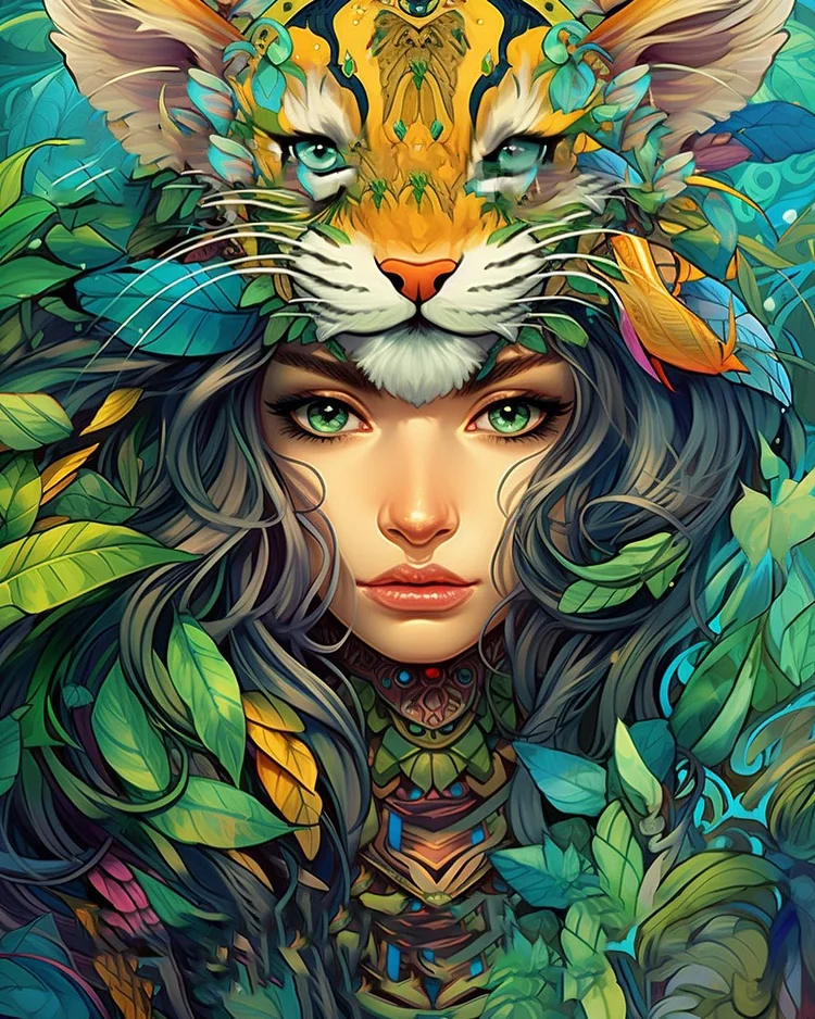 Partial AB Drill - Full Round Drill Diamond Painting - Fantasy Tiger And Girl - 40*50cm