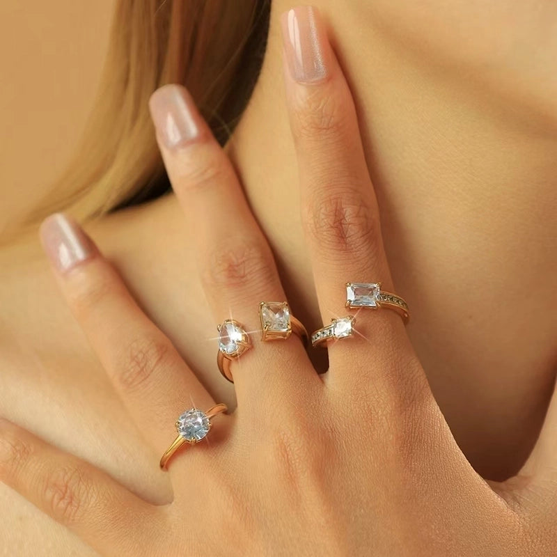 Elegant Romantic Shiny Geometric 304 Stainless Steel Zircon 14K Gold Plated Inlay Open Rings