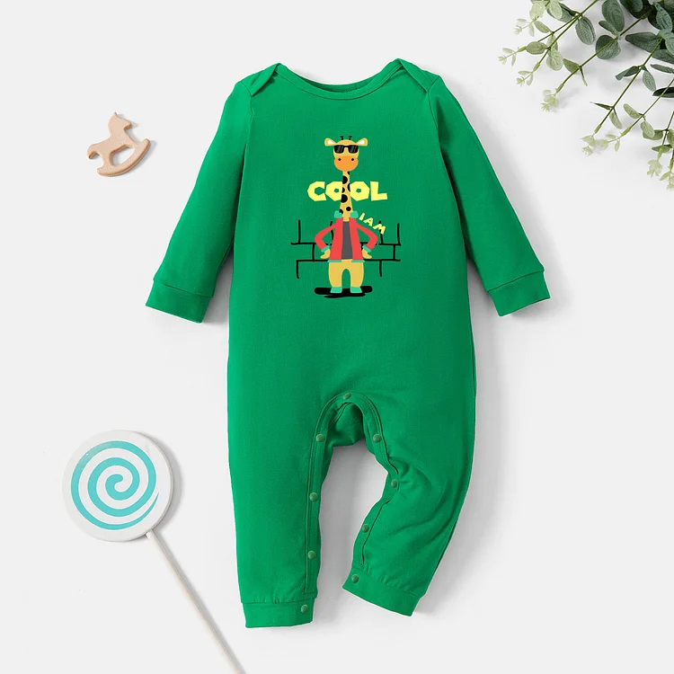 Baby Boy Graphic Letter & Giraffe Print Long-sleeve Jumpsuit
