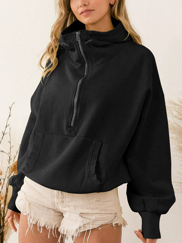 Loose Zipper Long Sleeve Hooded Sweatshirt
