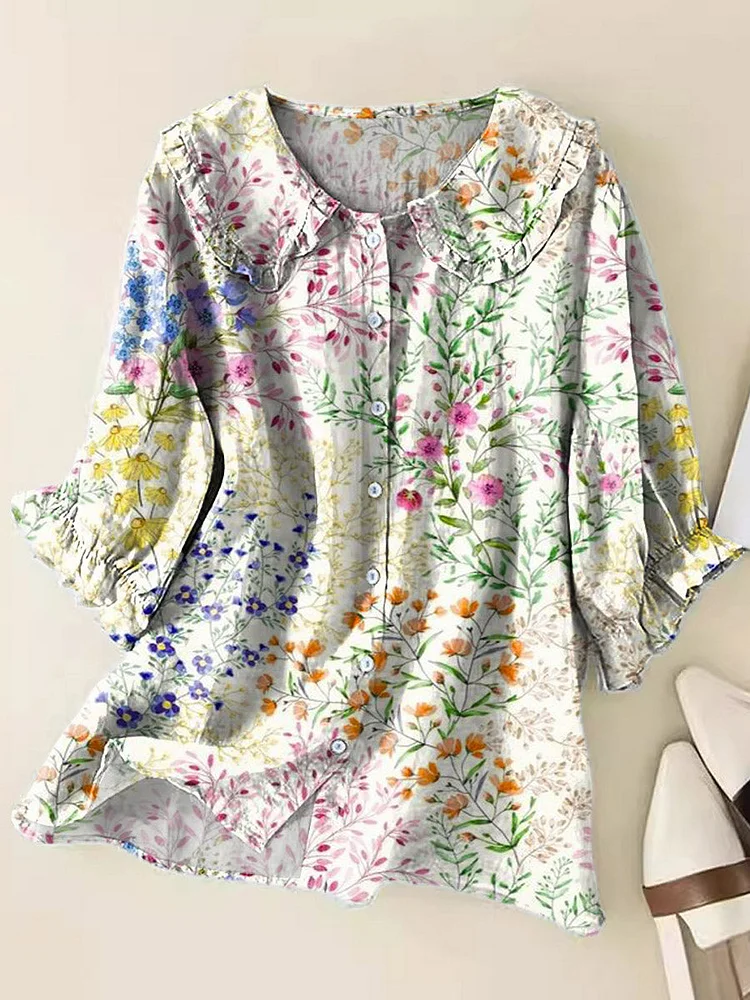Women's Lovely Floral Art Print Casual Peter Pan Collar Cotton Shirt