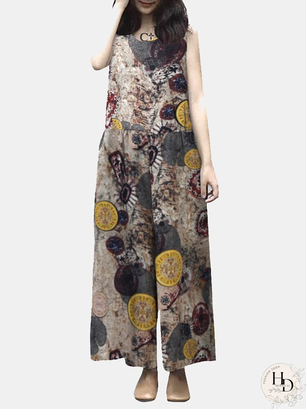 Round Print Patchwork Sleeveless Wide Leg Casual Cotton Jumpsuit