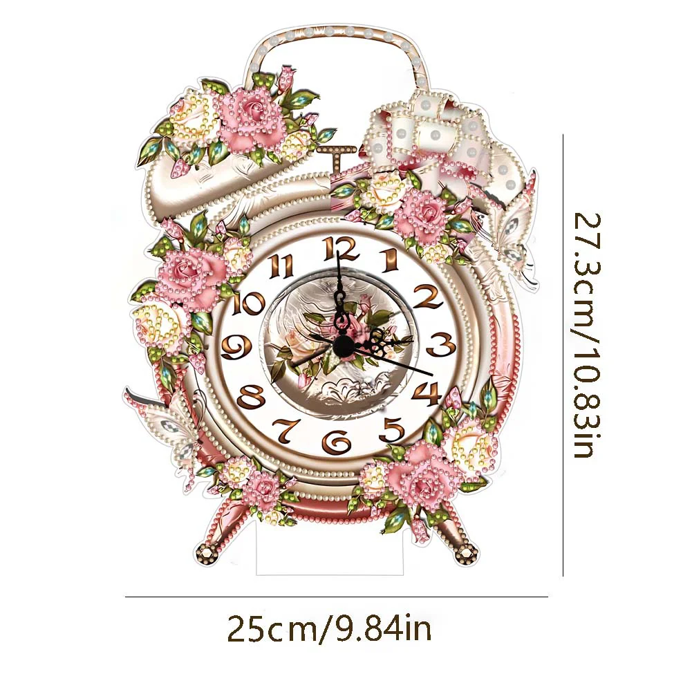 DIY Flowers Vintage Acrylic Special Shaped 5D Diamond Painting Clock Art Craft