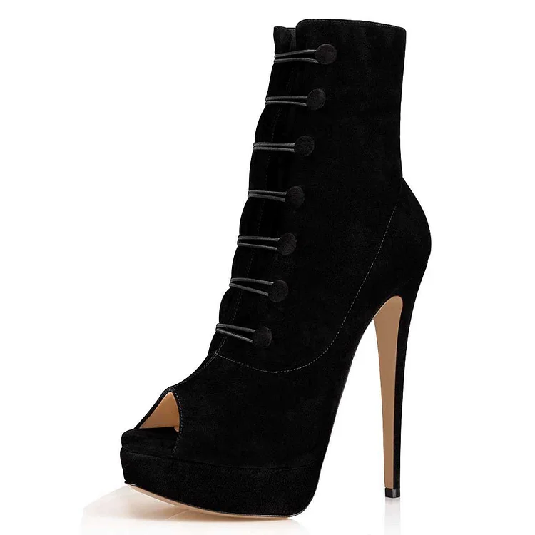 Black Platform Stiletto Heel Agraffe Peep Toe Booties |FSJ Shoes