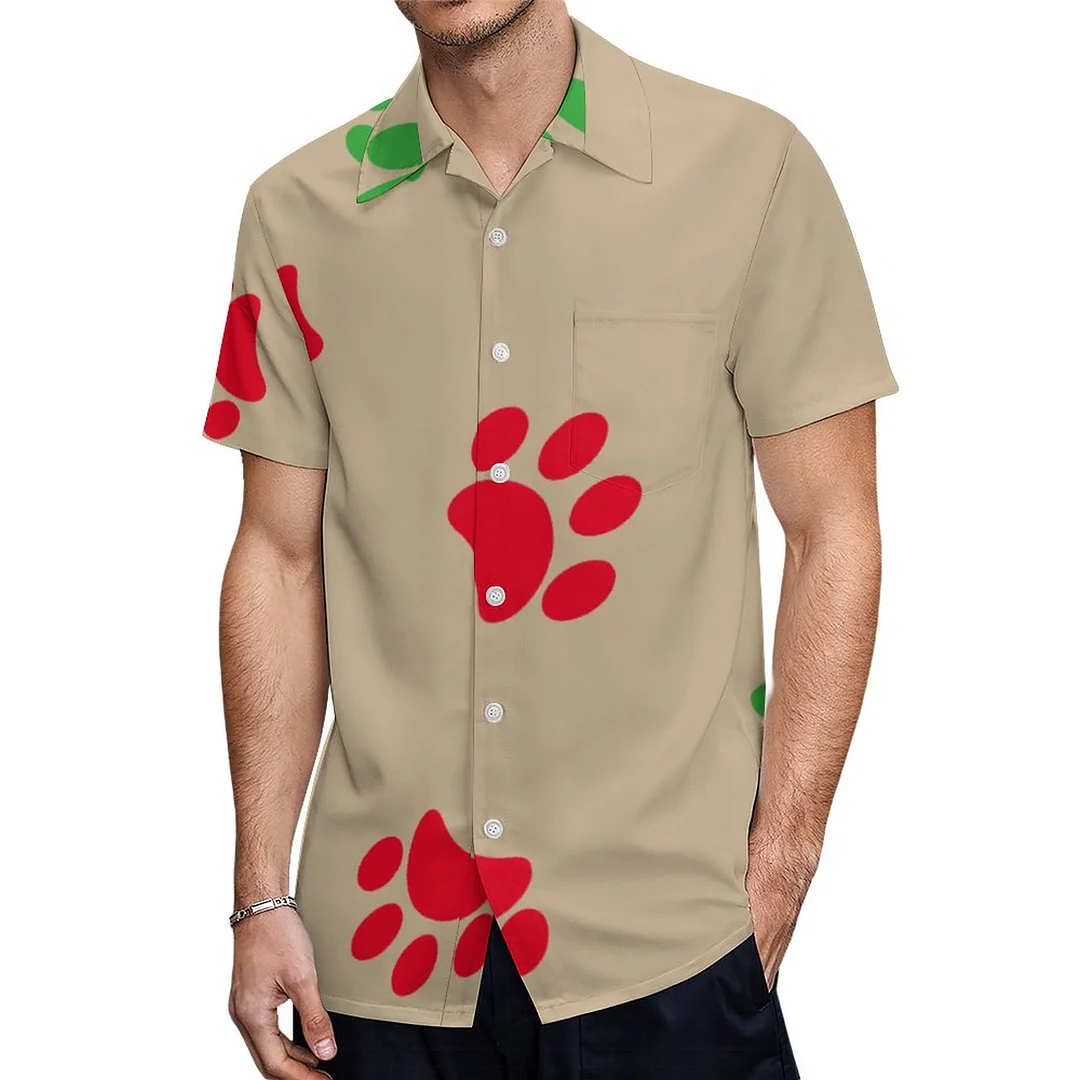 Short Sleeve Red Green Paw Prints Hawaiian Shirt Mens Button Down Plus Size Tropical Hawaii Beach Shirts
