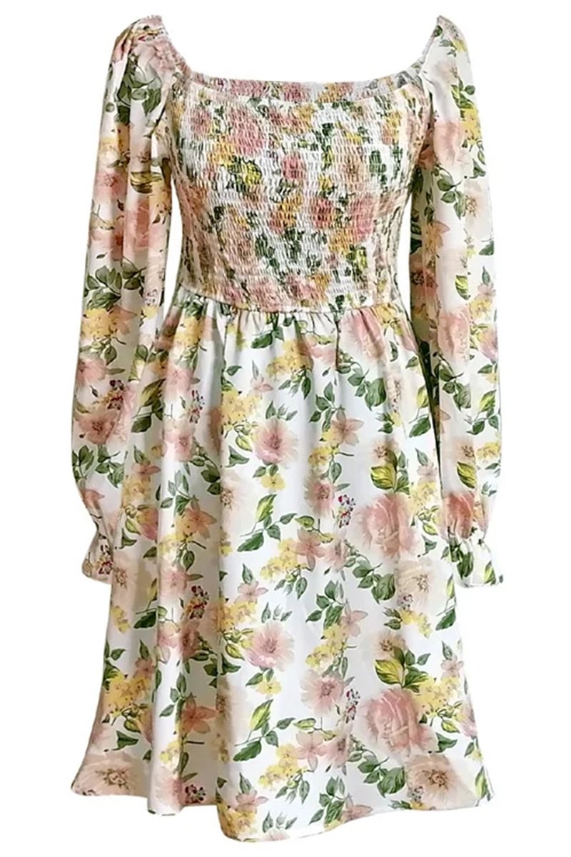 1950s Floral Square Neck Long Sleeve Dress