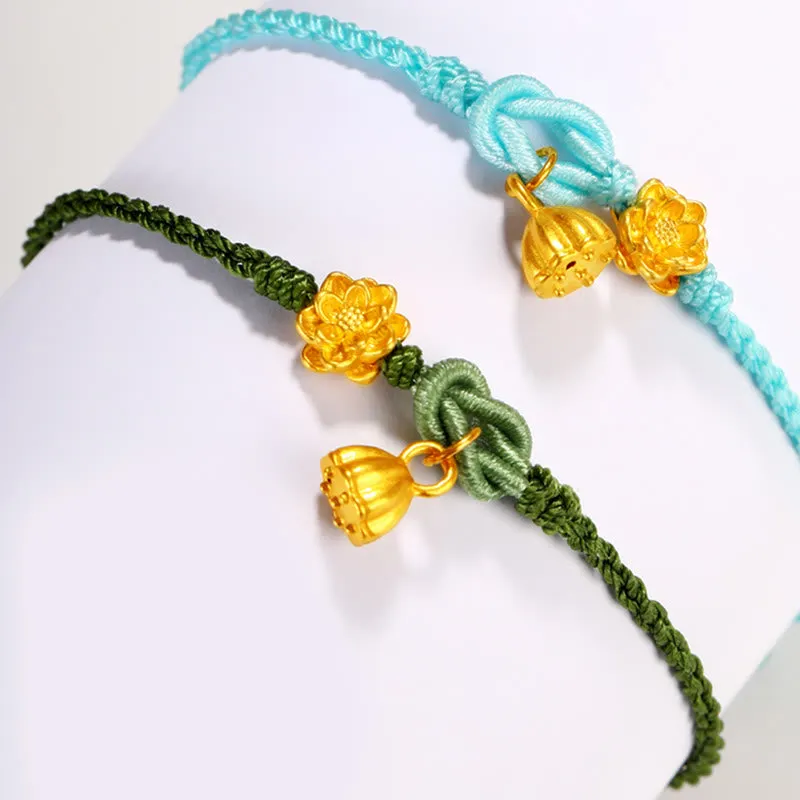 Handmade 999 Gold Lotus Flower Pod New Beginning Braid String Bracelet