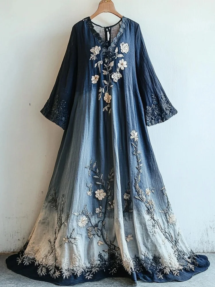 Vintage Lace Floral Embroidered Gradient Linen Maxi Dress