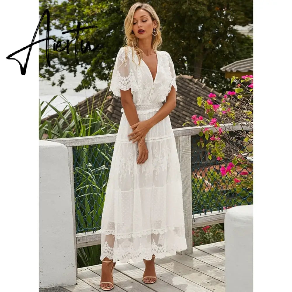 Hollow Out White Dress Sexy Women Long Lace Dress Cross Semi-Sheer Plunge V-Neck Short Sleeve Lace Maxi Dress Aiertu