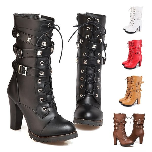 Winter Autumn Motorcycle Boots Women's Chunky Heel Platform Leather High Heels Shoes Punk Sexy Rivet Mid-calf Boots Plus Size 34-47 - Shop Trendy Women's Clothing | LoverChic