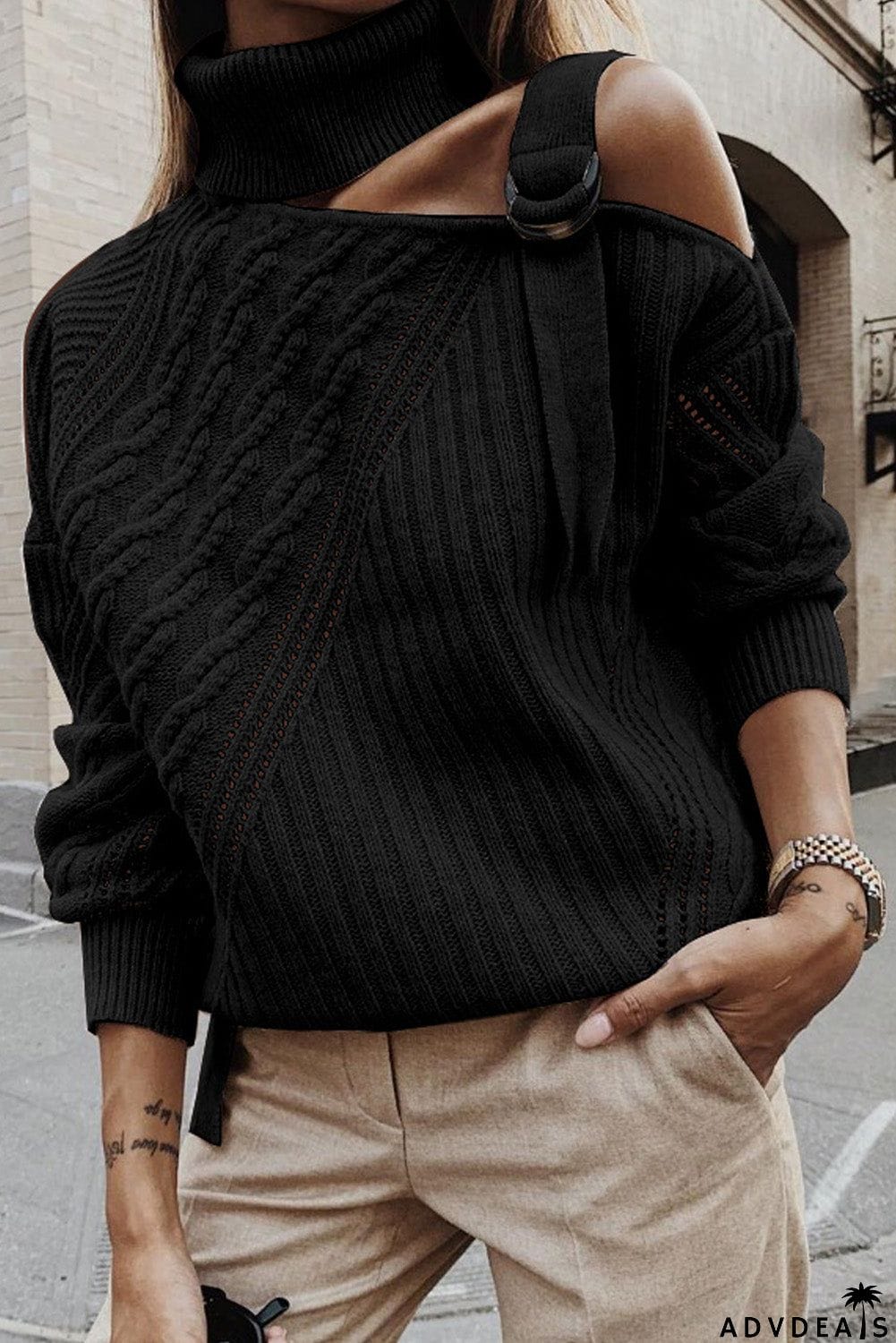 Strapped Cut out Shoulder Turtleneck Sweater