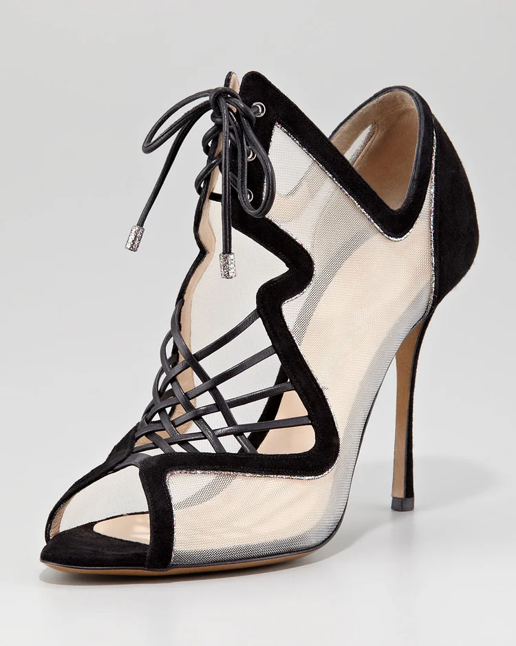 Women's White Dress Shoes Peep Toe Lace Up Heels Nets Stiletto Heels Sandals |FSJ Shoes