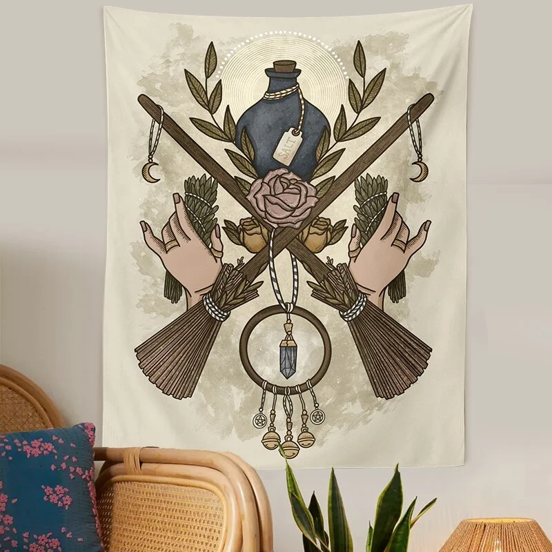Tarot Witchcraft Tapestry Wall Hanging Mysterious Divination Bohemian Baphomet Occult Home Wall Throw Cover Moon Wall Decor