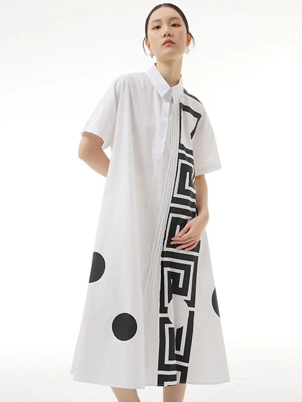Simple Loose Polka-Dot Geometric Printed Midi Dress Shirt Dress