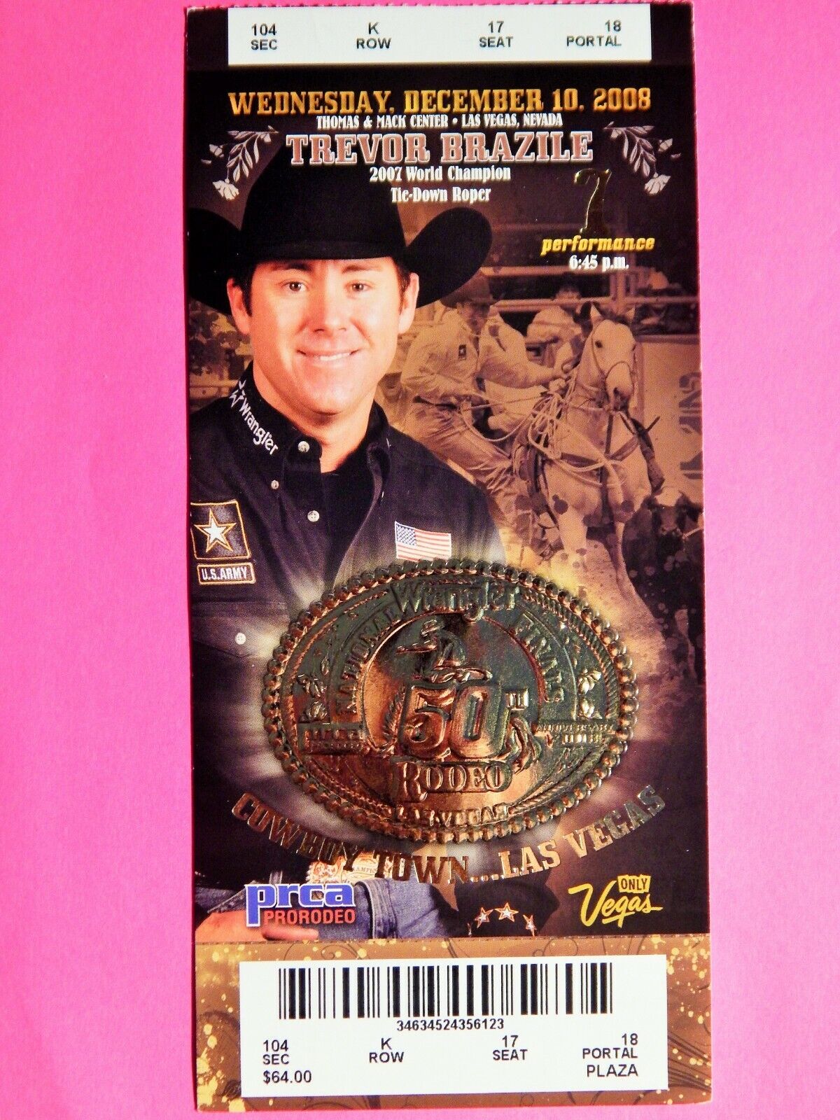 2008 NATIONAL FINALS RODEO LG ORIGINAL USED TICKET TREVOR BRAZILE COLOR Photo Poster painting