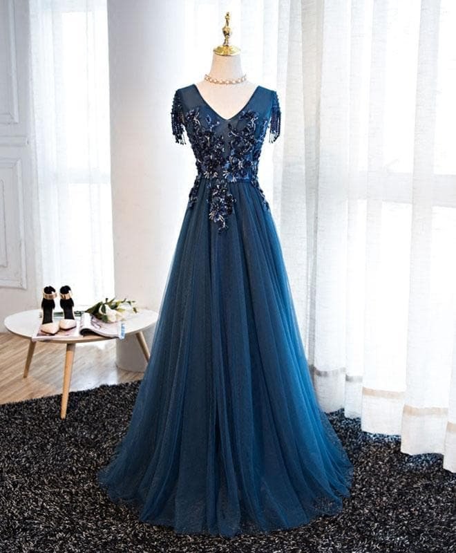 Dark Blue Tulle Beaded Long A Line Prom Dress, Formal Dress