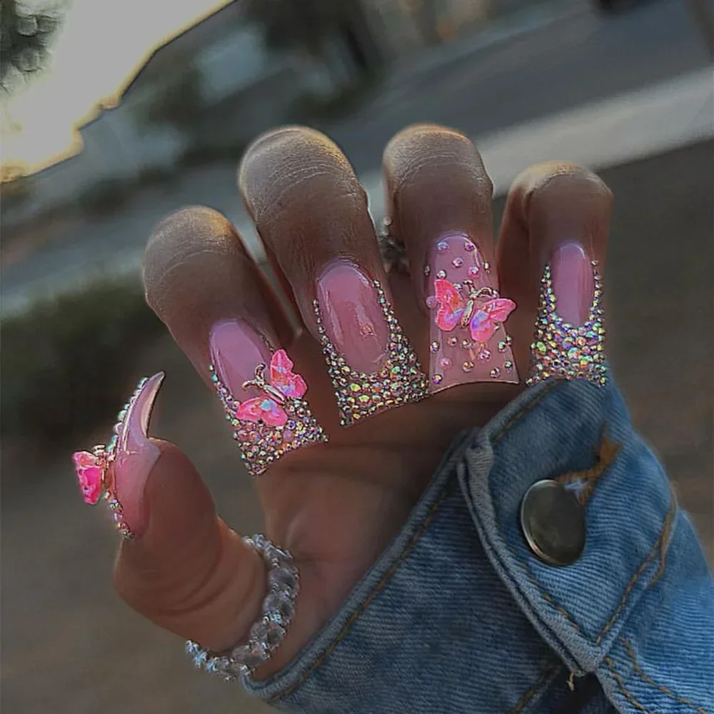Ddmcloud 24pcs Long Ballerina Fake Nails Blue Crystal Flowers Pink Bow French False Nails Full Cover Press on Nails DIY Detachable