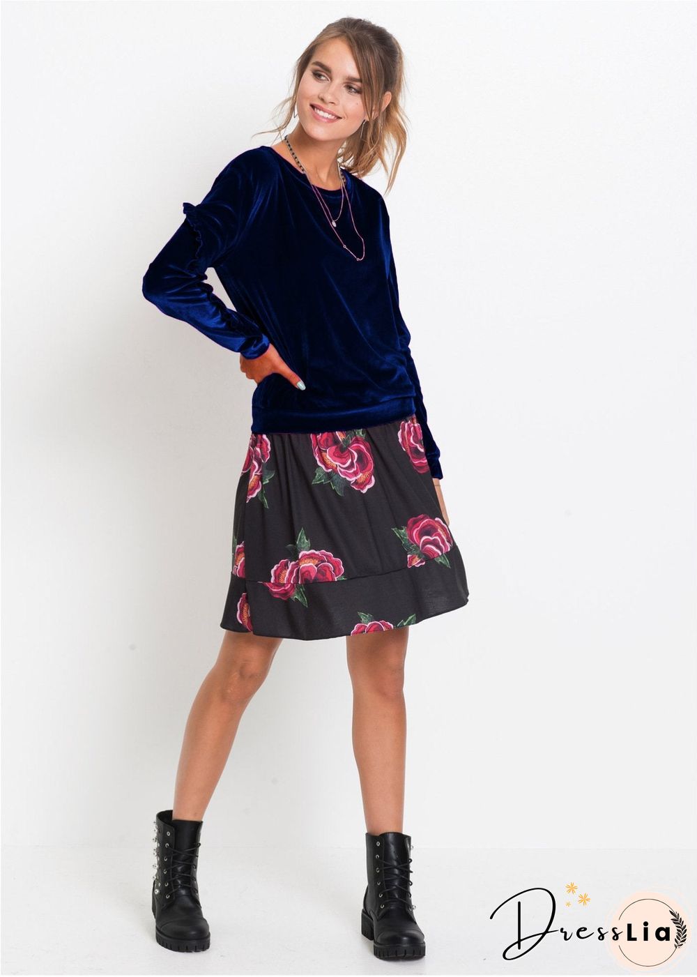 Round Neck Velvet Ruffled Velvet Shirt