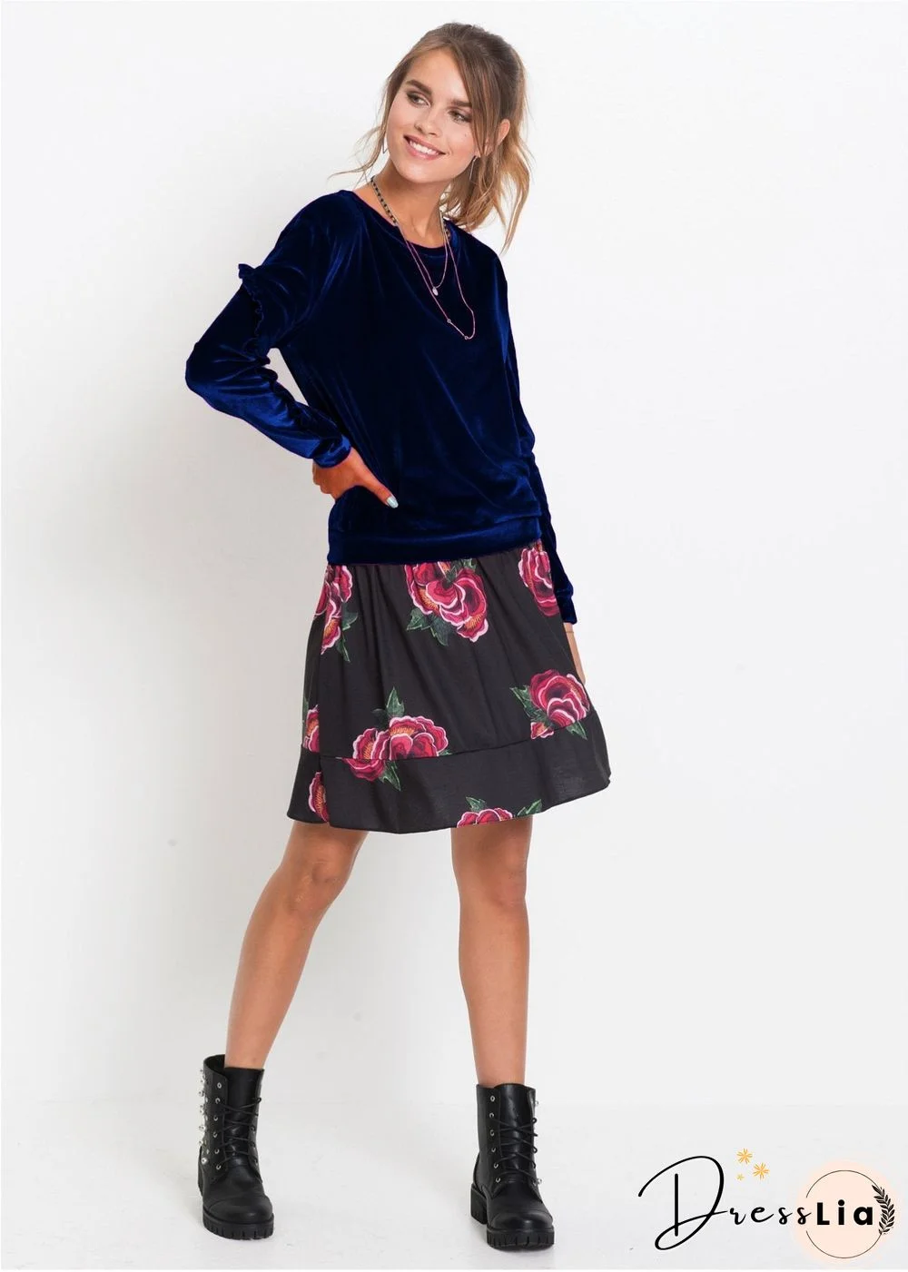 Round Neck Velvet Ruffled Velvet Shirt