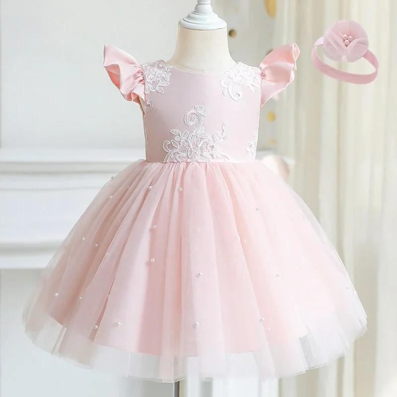 Flower Lace Embroidery Dresses For Girls Princess Wedding Birthday Party Tutu Gown Kids Children Bowknot Evening Elegant Dress