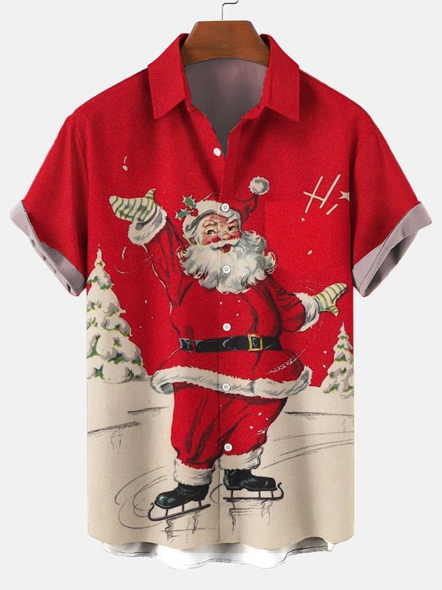 Mens Christmas Printed Breathable Casual Short Sleeve Shirt