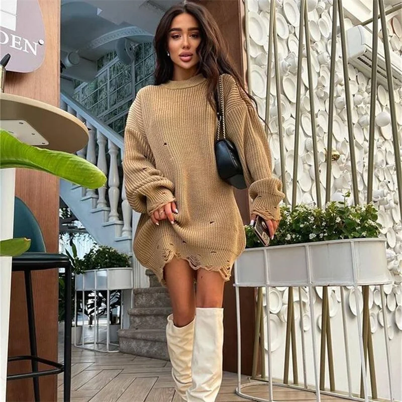 Forefair Knitted Long Sleeve O Neck Sweater Mini Dress 2021 Autumn Winter Fashion Casual Hole Sexy Party Club Women's Dresses