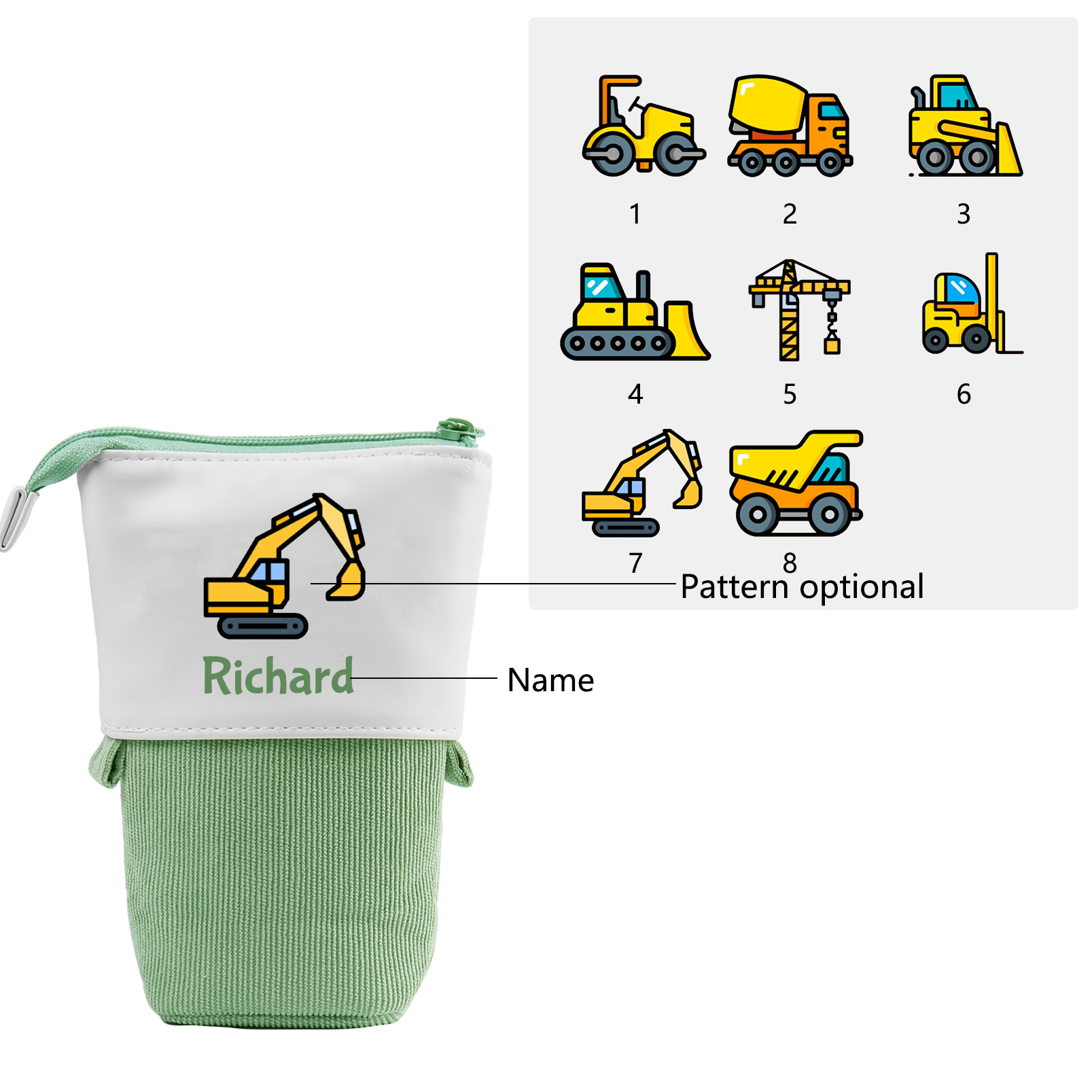 Astuccio per matite personalizzato con 1 nome e 1 veicolo da costruzione regalo per scuola elementare bambini