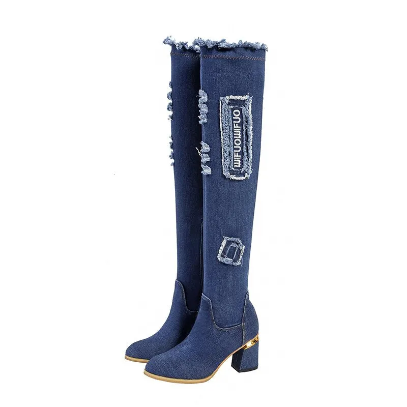 Lucyever Womens Denim Boots Over The Knee Pointed Toe Thick High Heels Shoes Woman Casual Tassel Cut Out Jeans Long Botas Mujer