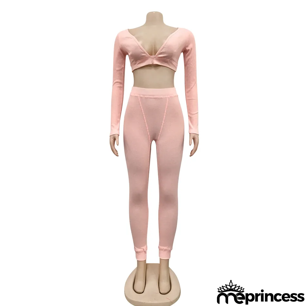 Sexy V-neck Knitted Fashion Casual Long-sleeved Two-piece Suit